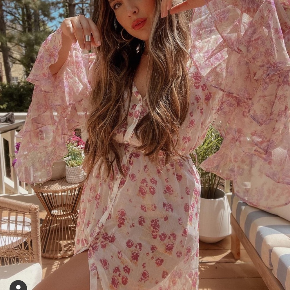 New FLORAL KIMONO SLEEVES SEMI-SHEER HI-LO DRESS